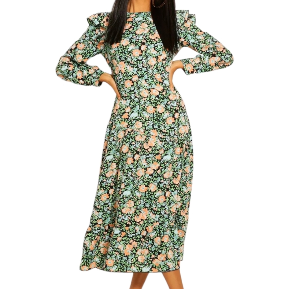 Boohoo Floral Long Sleeve Dress - Green and Pink